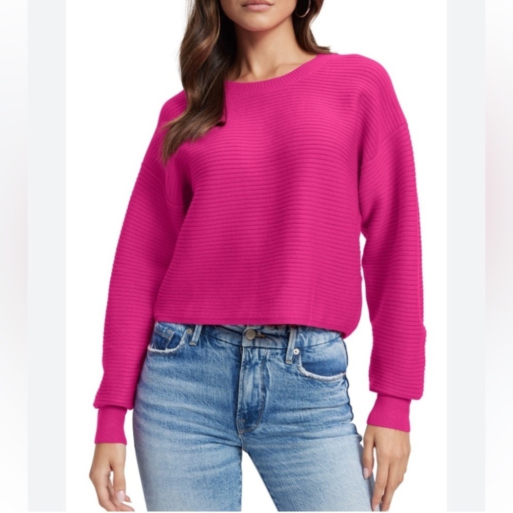 Good American Fuschia Ribbed Crewneck Oversize Sweater